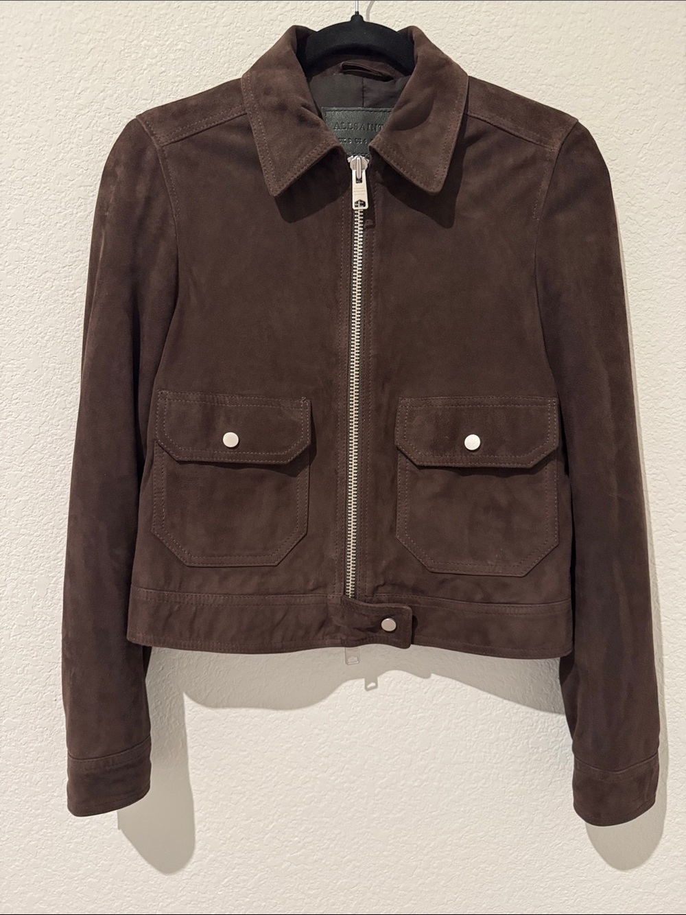 AllSaints Orton Brown 100% Goat Suede Leather Jacket Size 4